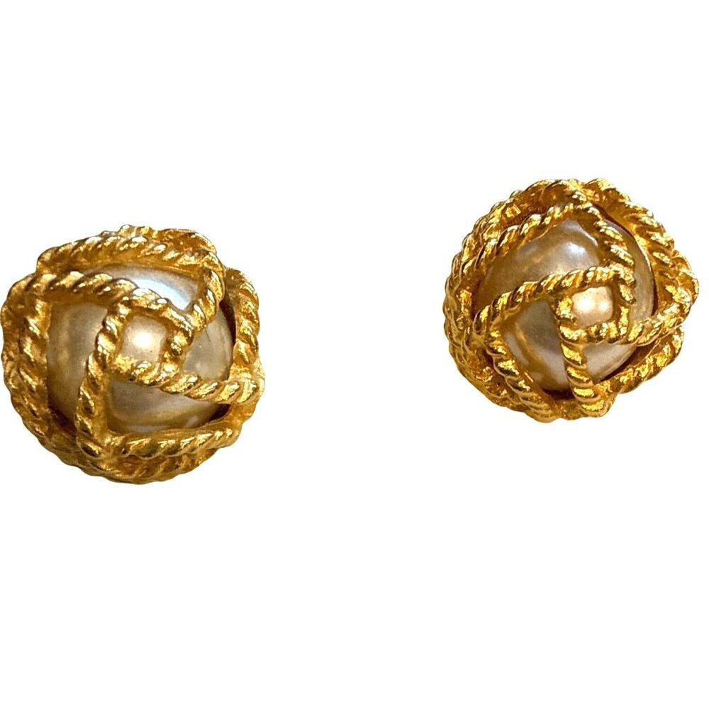 Vintage Rope Knot Stud Pierced Earrings w Faux Pearl Button Style Gold Tone